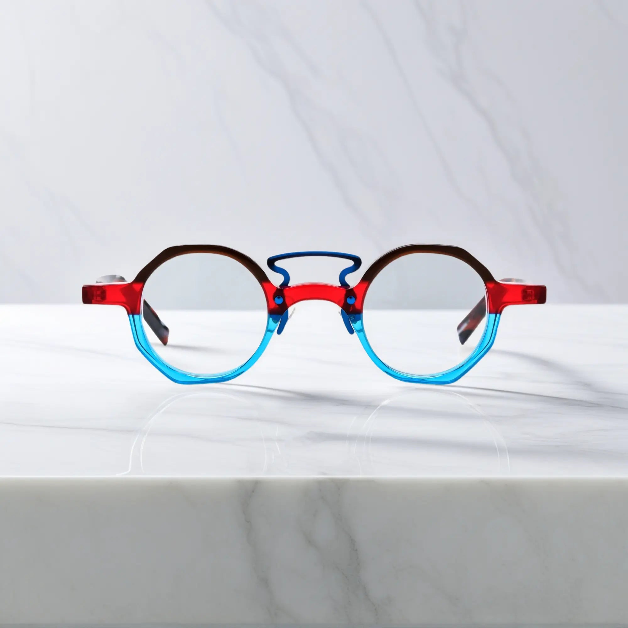 Front view of VoyueLens™ VL19244 lightweight geometric acetate eyeglasses in Crimson Blue Fusion, designed for small faces